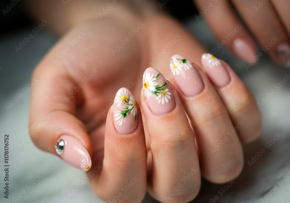 Elegant manicure featuring delicate daisy nail art on natural nails Elegant manicure featuring delicate daisy nail art on natural nails