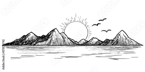 mountain range with sunrise and birds over water, hand drawn sketch