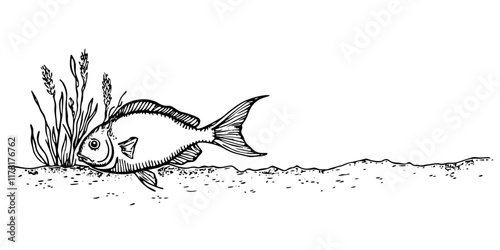 fish swimming near underwater plants, black hand-drawn illustration