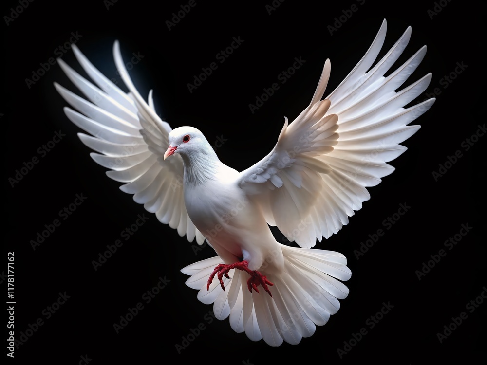 Fototapeta premium Surreal White Dove in Flight, Isolated Black Background - Dreamlike Bird Photography