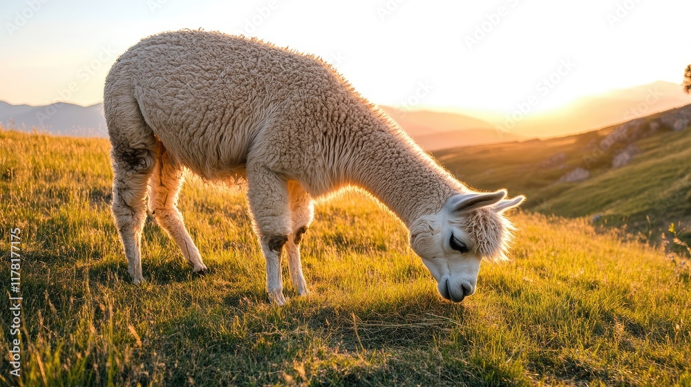 Fototapeta premium A fluffy alpaca grazing on a grassy hill under a bright and clear sky.