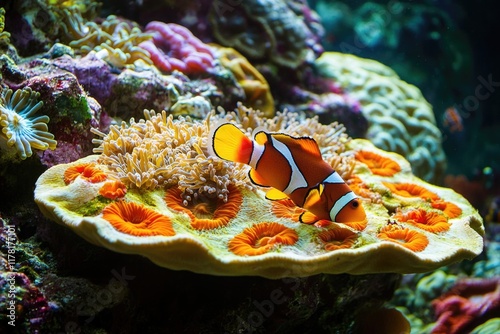 A clown fish sits on top of a colorful coral reef, great for ocean or marine life themed designs