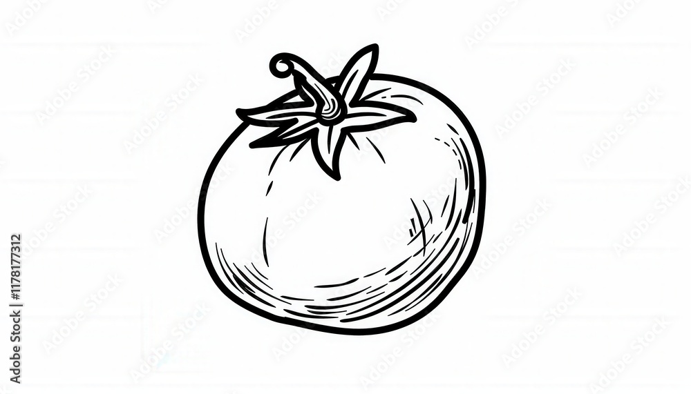 A simple black and white line drawing of a tomato. Ideal for recipe illustrations, food blogs, or menu designs. A simple black and white line drawing of a tomato. Ideal for recipe illustrations, food blogs, or menu designs.