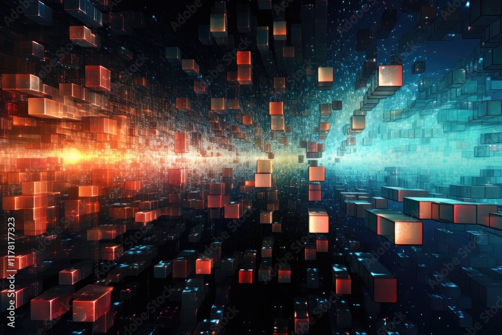 Fototapeta premium Datastreaming through cyberspace with vibrant colors and dynamic patterns, depicting the flow of information in an abstract digital environment at night