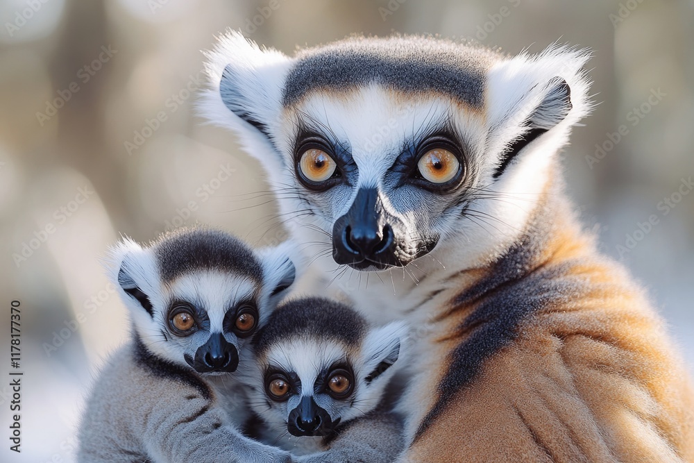 Obraz premium A close-up shot of a mother lemur holding her two babies, showcasing maternal care and bonding