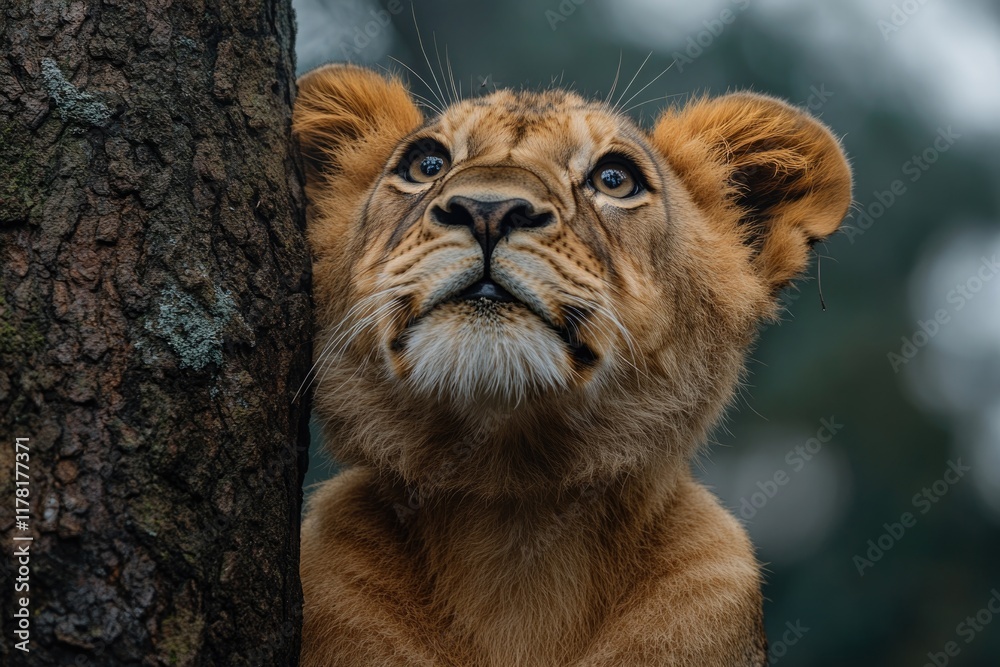 Naklejka premium Close-up shot of a young lion standing near a tree, natural habitat