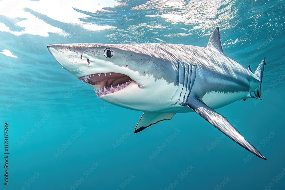 Fototapeta premium A shark swims in the ocean with its mouth open, ready to catch prey