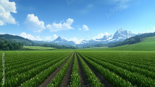 Wallpaper Mural Lush green fields with mountains and blue sky in the background. Torontodigital.ca