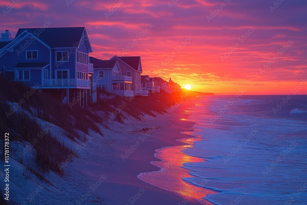 Fototapeta premium A serene beach scene with houses in the background as the sun sets