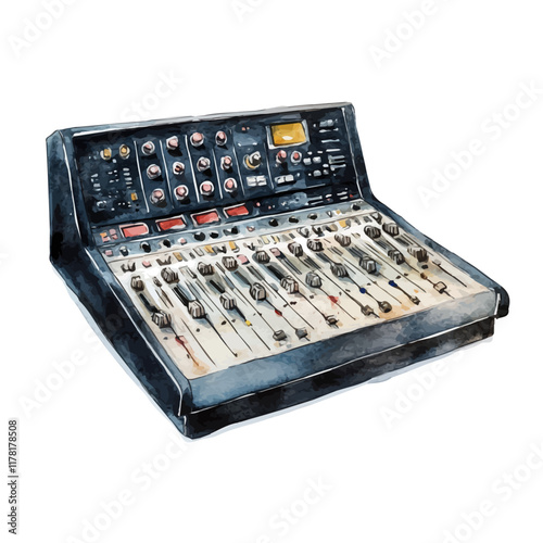 A watercolor clipart of a mixing console, isolated on a white background. Mixing console vector.
