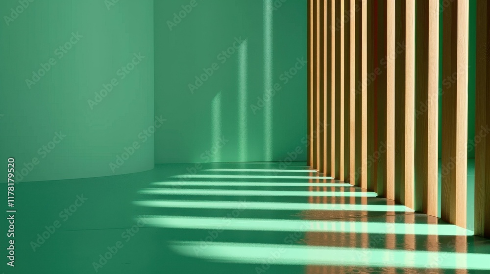 Obraz premium A sleek exhibition space featuring black and wooden walls, bathed in soft green light for a modern touch.