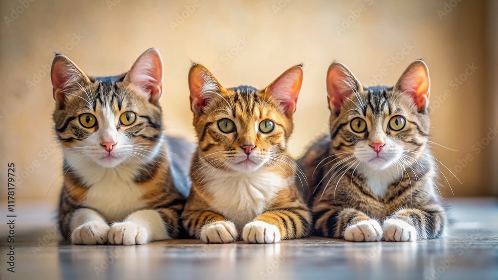 Three Adorable Cats in a Row: One Lying Down, Two Sitting - Perfect Pet Stock Photo Three Adorable Cats in a Row: One Lying Down, Two Sitting - Perfect Pet Stock Photo