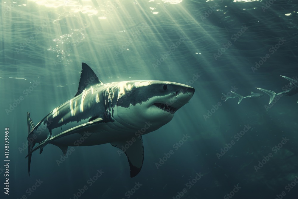Fototapeta premium A great white shark glides majestically beneath sun rays filtering through the ocean surface in a tranquil underwater setting depicting marine life