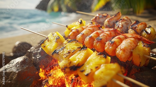 Sizzling skewers of shrimp and chicken with grilled pineapple on a beach at sunset. Generative AI photo