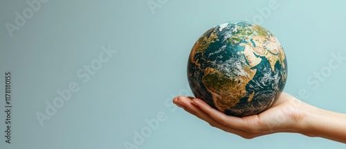 Hand Holding a Small Globe Against a Plain Background