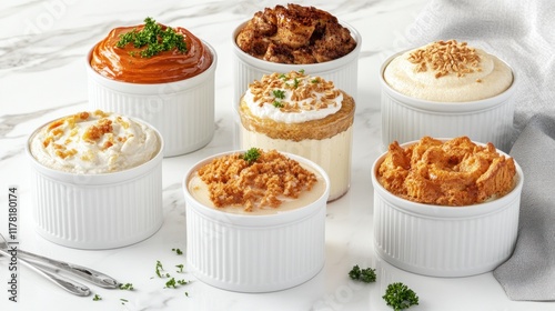 Assorted creamy dishes in white ramekins on a marble surface.