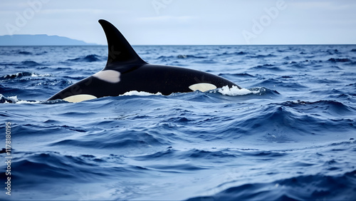 Wild orcas or killer whales in Nemuro strait, Hokkaido, Japan. Orca hunting whales. Unique shot og giant wild orca in natural habitat dive deep into ocean showing fin. South Africa. Wild life mammals. photo