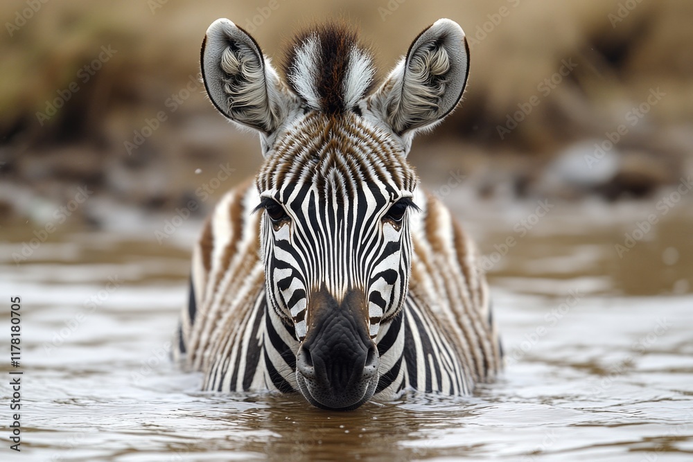 Naklejka premium A zebra standing in the shallow waters