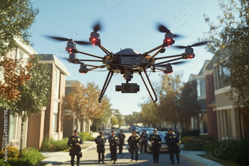 Drone patrols city streets while police officers monitor neighborhood activity during daytime. Generative AI