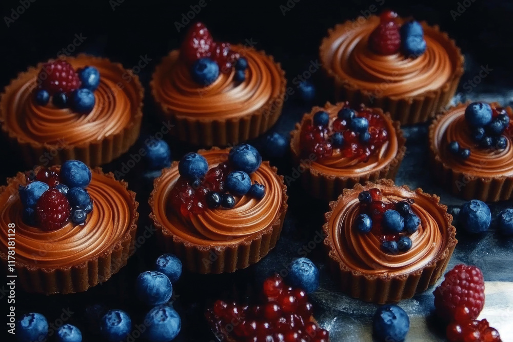 Assorted chocolate berry tarts with blueberries and raspberries, vibrant dessert photography Assorted chocolate berry tarts with blueberries and raspberries, vibrant dessert photography