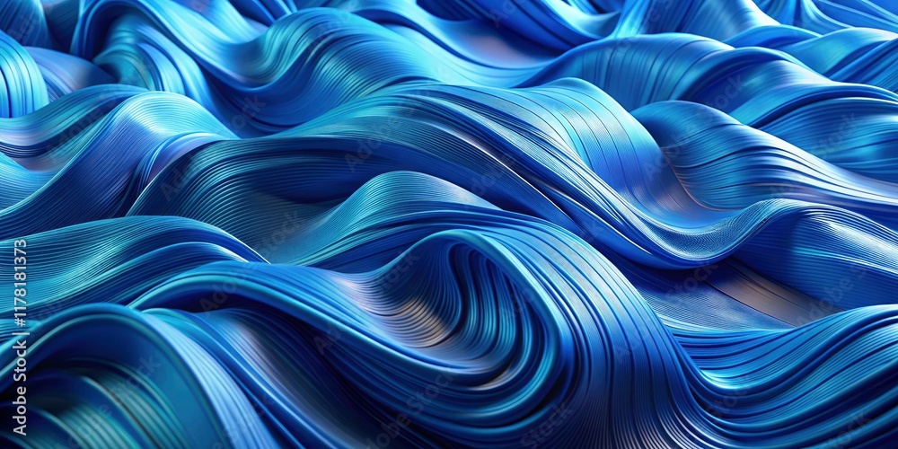 Obraz premium 3D digital art: Fluid blue textile waves create a panoramic, wavy background, a captivating abstract render.