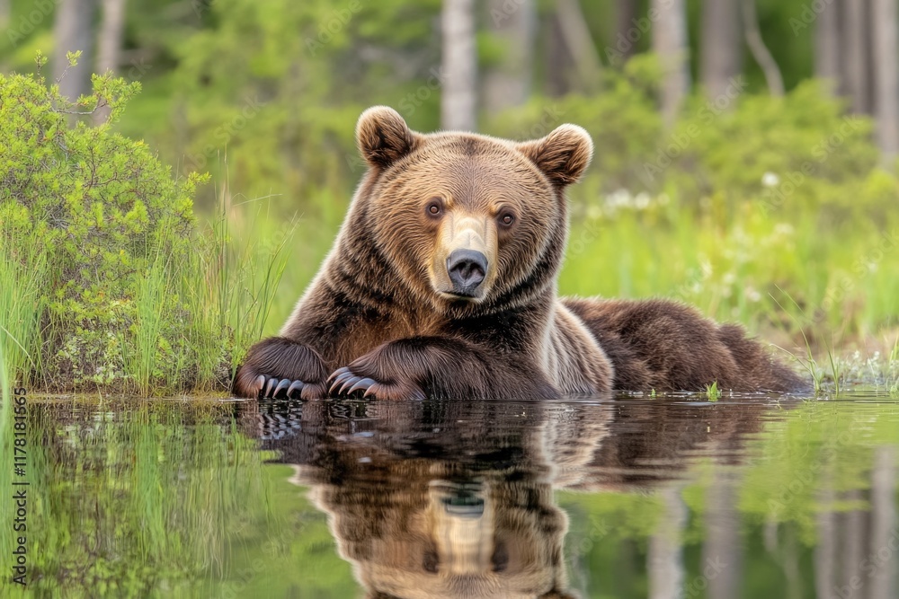 Obraz premium A brown bear lying on the surface of calm water, perfect for nature and wildlife photography