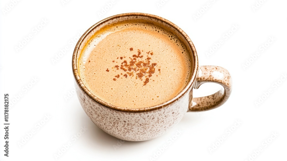 A cozy cup of frothy coffee topped with a sprinkle of spice. A cozy cup of frothy coffee topped with a sprinkle of spice.