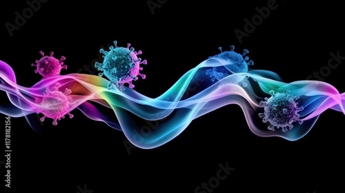 Abstract representation of virus particles in colorful wave patterns.