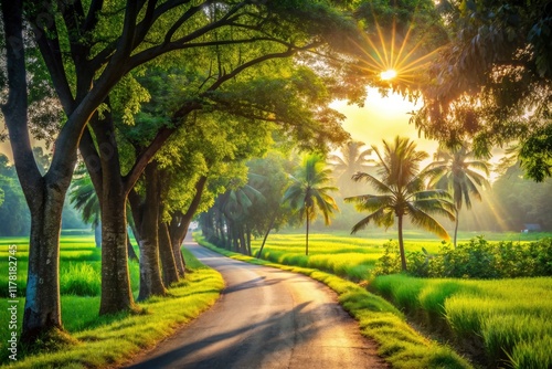 A picturesque country road winds through vibrant green landscapes, showcasing the charm of rural Indian travel.