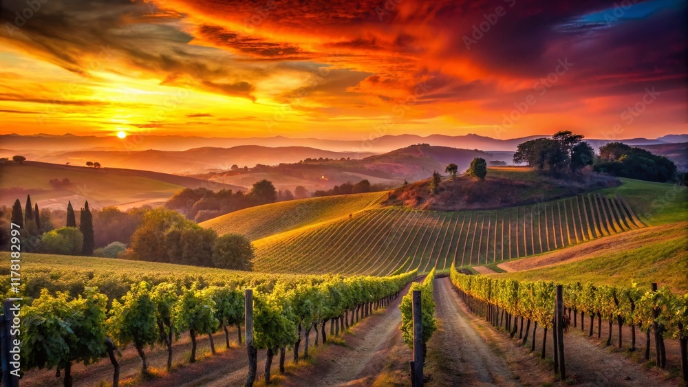 Naklejka premium Tuscan Sunset: Silhouetted Sangiovese Vineyards