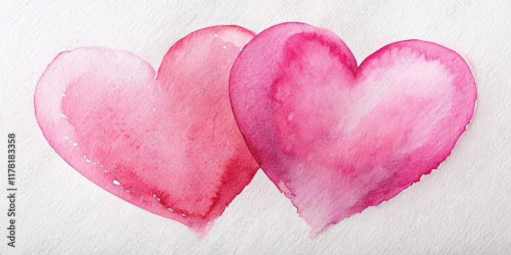 Fototapeta premium Two Delicate Pink Watercolor Hearts on White Background - Romantic Stock Photo