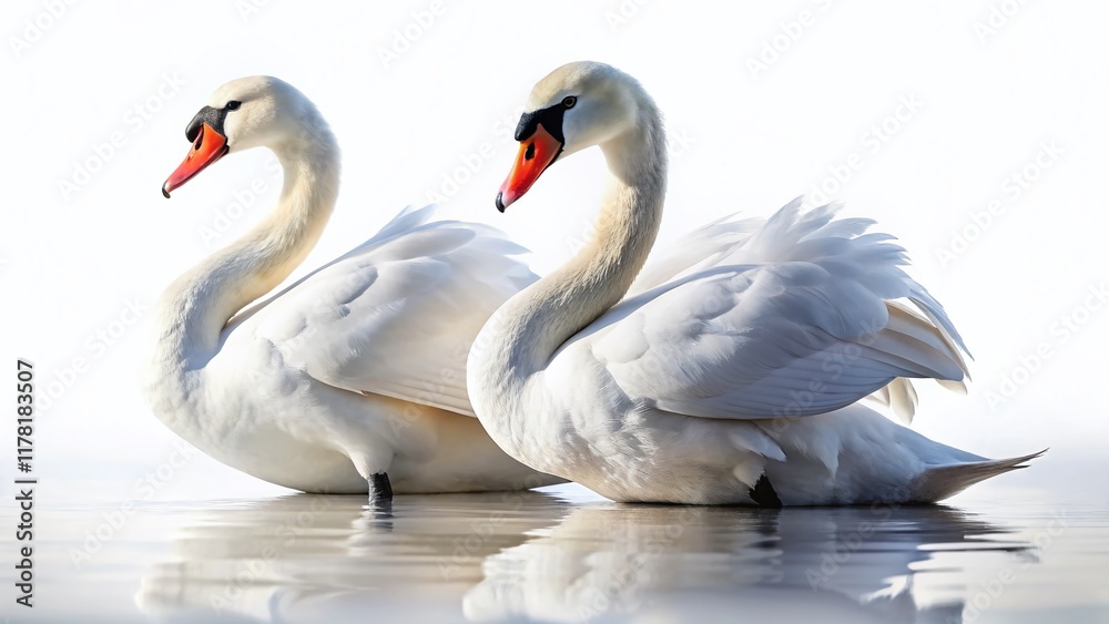 Fototapeta premium Two Graceful Swans Isolated on White Background - Elegant Wildlife Stock Photo