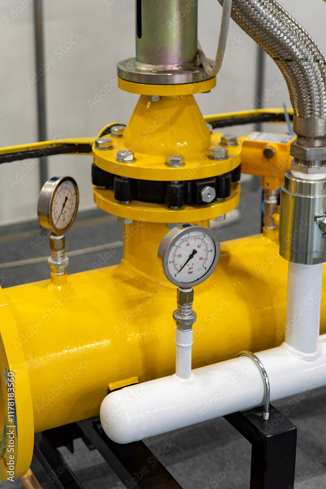 High-pressure yellow pipeline with integrated gauges for monitoring High-pressure yellow pipeline with integrated gauges for monitoring