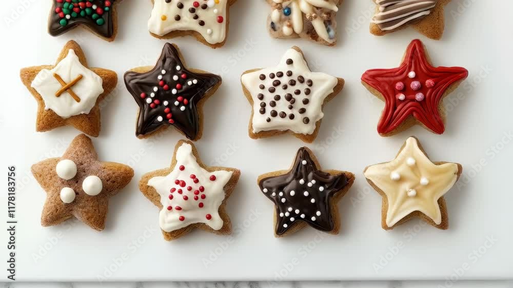 Dozen decorated Christmas stars are displayed on a white background. 4K Video Dozen decorated Christmas stars are displayed on a white background. 4K Video