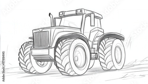 A dynamic sketch of a powerful tractor. Ideal for coloring books, activity pages, or educational materials related to agriculture and farming machinery. photo