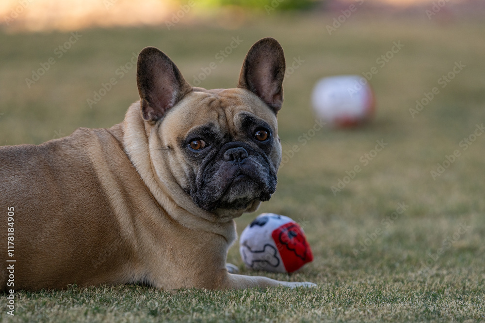 Tan and black French Bulldog resting on the grass Tan and black French Bulldog resting on the grass
