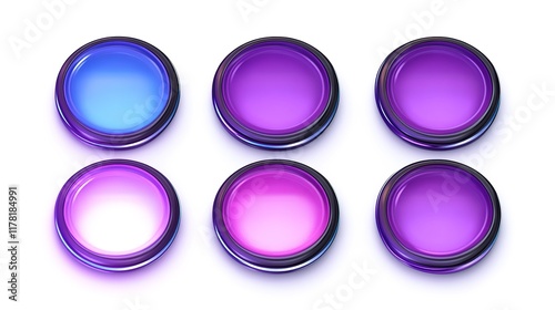 Set of  Neon 2D Round Game Buttons with Purple Fill and Different Stroke Styles Isolated on White Background. Mobile Game UI Elements, Plinko-Inspired PNG Clipart for Game Assets and UI Design.
