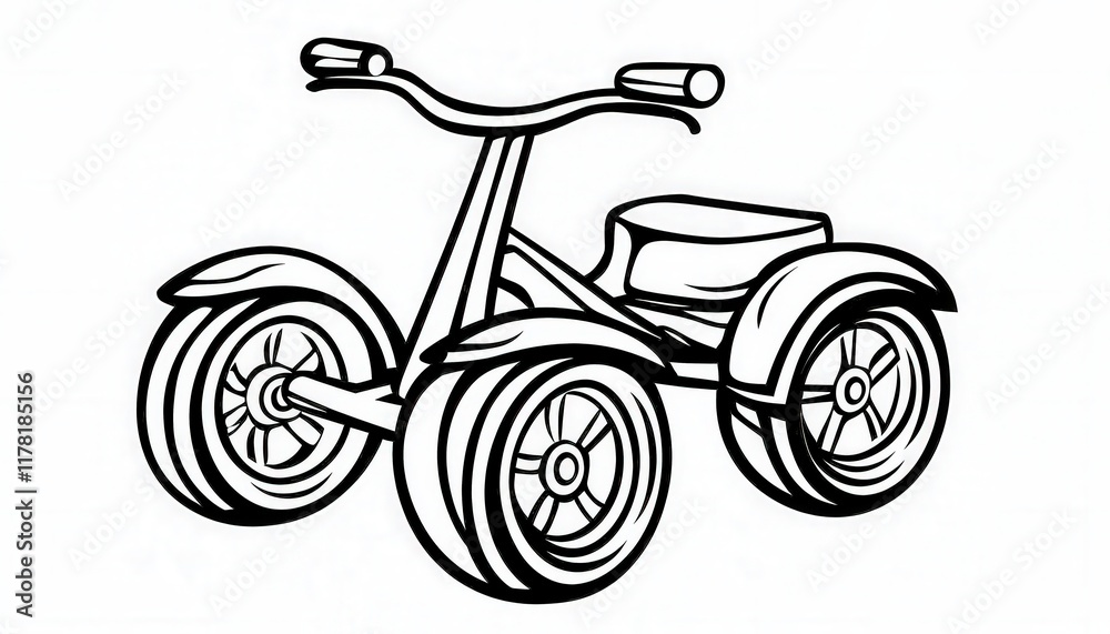 A simple line art drawing of a three-wheeled vehicle. Ideal for coloring pages or activity books for young children.