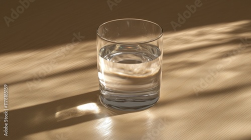 A single clear glass tumbler filled with water, sitting on a wooden table under natural sunlight.