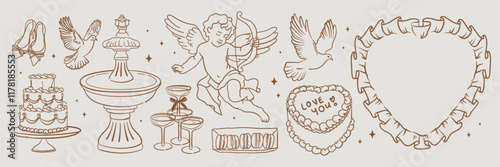 Vintage Rococo Illustrations for Wedding or Valentine's Day. Cupid, doves, cake, glasses. Hand drawn doodle line drawing sketch. La dolce vita style. Antique Victorian Collection.