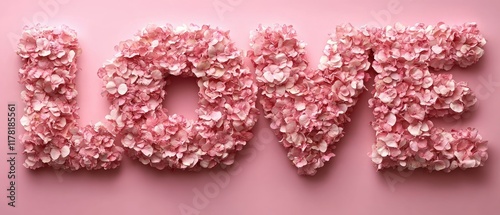 Pink petals form "LOVE" on a pink backdrop, ideal for Valentine's Day projects