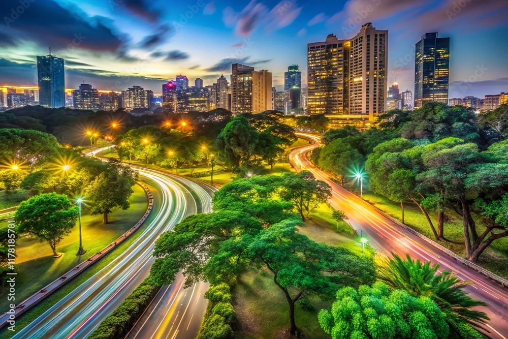 Fototapeta premium Urban Nature Long Exposure: City Lights Blurred Over Green Park at Night