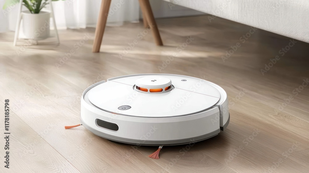 High-tech robotic vacuum cleaning a hardwood floor in a minimalist living room High-tech robotic vacuum cleaning a hardwood floor in a minimalist living room