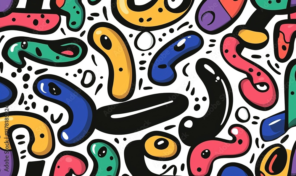 Colorful abstract pattern with playful shapes and doodle style for backgrounds, fabrics, or wrapping paper. Colorful abstract pattern with playful shapes and doodle style for backgrounds, fabrics, or wrapping paper.