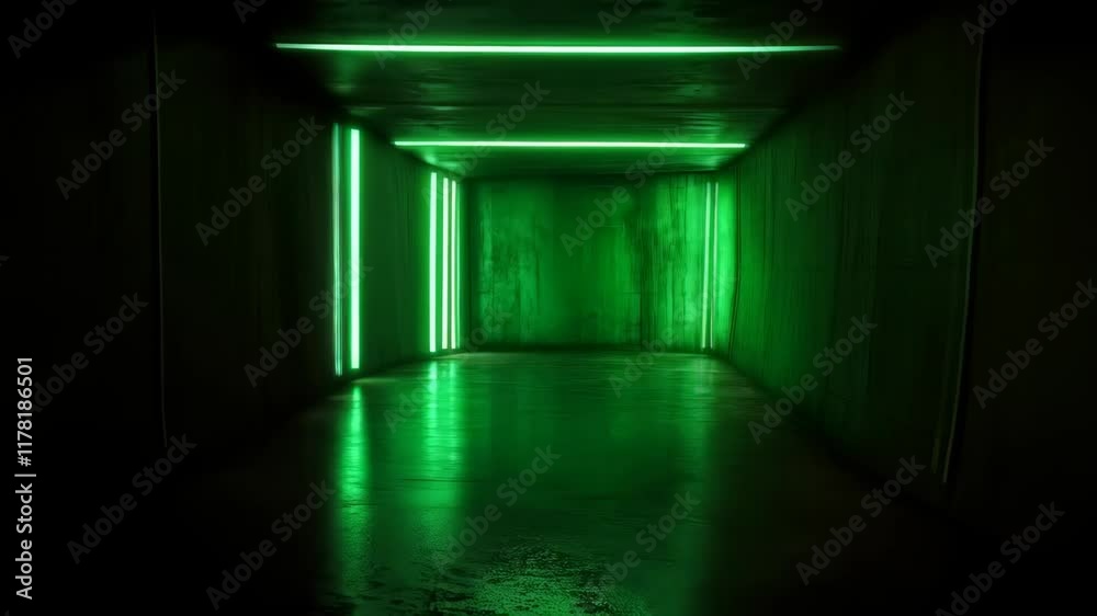 Large, empty room with green walls and green lights. 4K Video