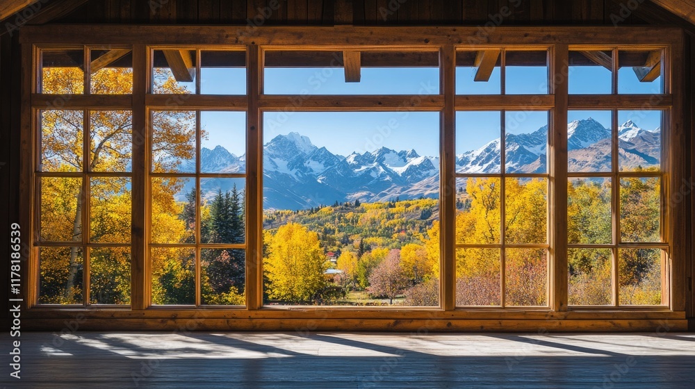 Fototapeta premium A stunning view of autumn colors and snowy peaks framed by a large window in a rustic house.