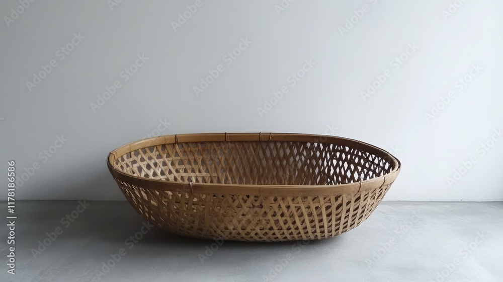 A sturdy, oval-shaped basket with bold weaves, leaning against a minimalist white wall. A sturdy, oval-shaped basket with bold weaves, leaning against a minimalist white wall.