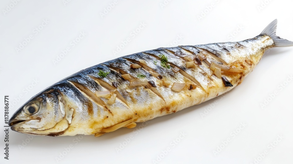 Grilled mackerel garnished with herbs and spices on a white serving platter. Generative AI Grilled mackerel garnished with herbs and spices on a white serving platter. Generative AI