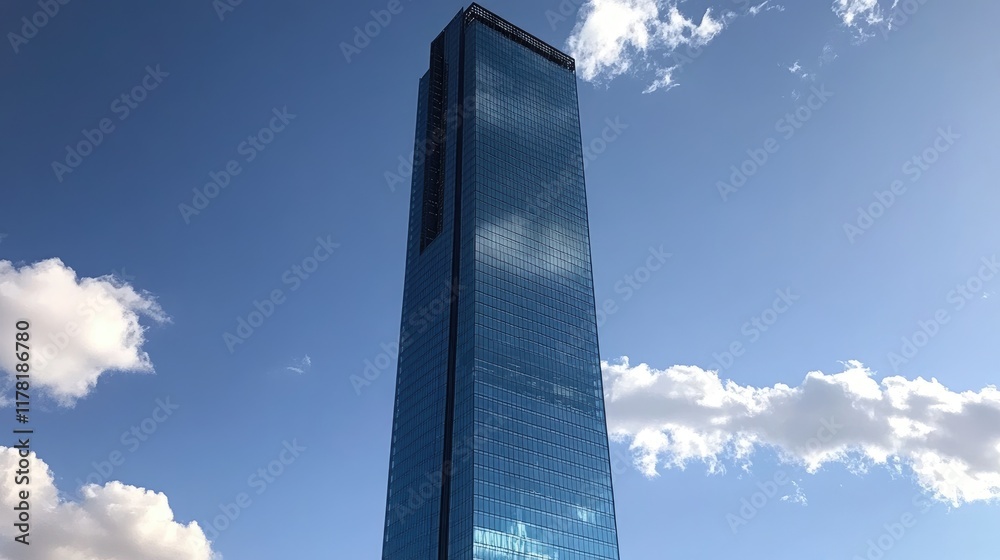 A tall glass skyscraper reflecting the blue sky and clouds on a sunny day. A tall glass skyscraper reflecting the blue sky and clouds on a sunny day.