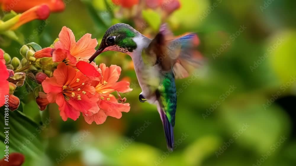 Hummingbird is perched on a flower, drinking nectar. 4K Video